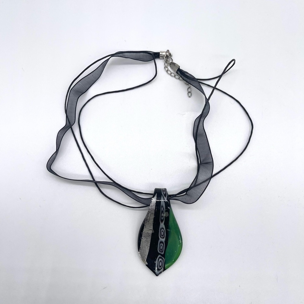 Murano Glass Black and Green Leaf Necklace